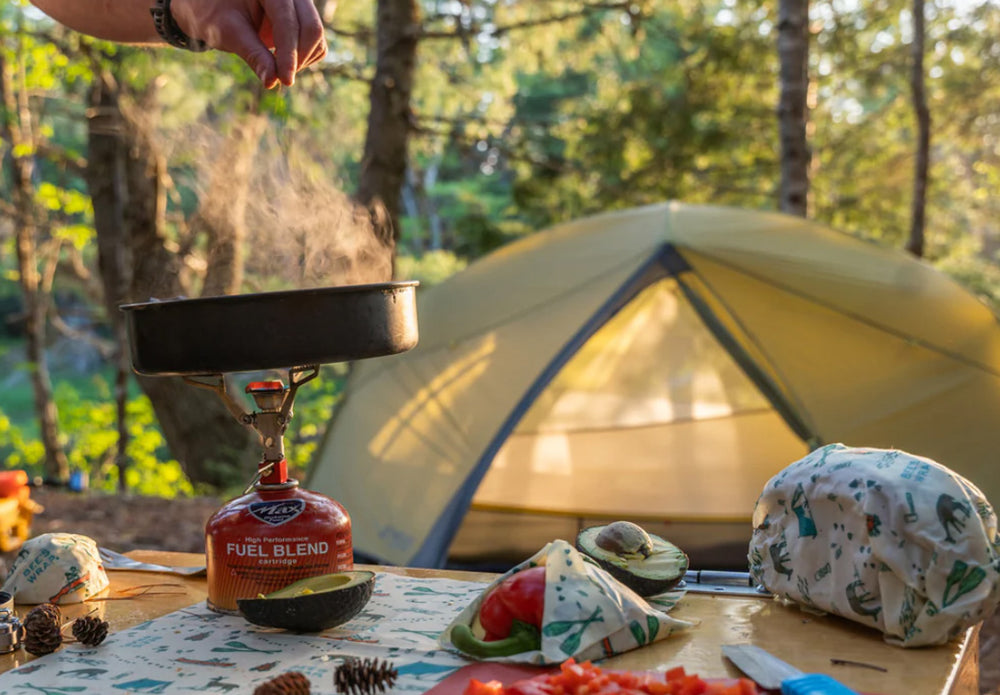 camping scene with beeswrap items