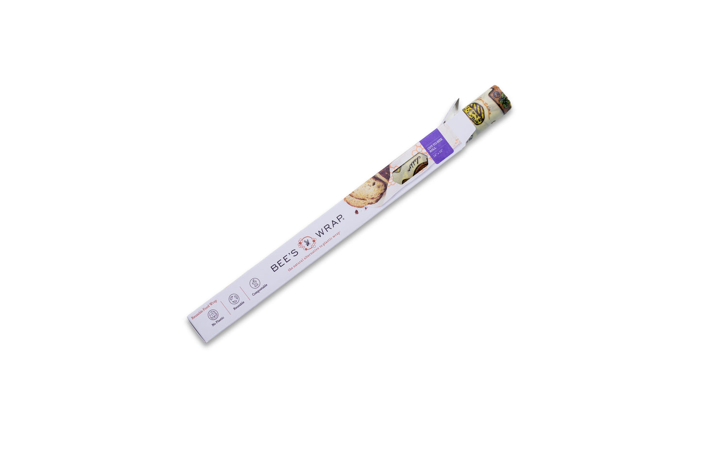 A roll of Bees Wrap with the Wheels n Wedges print in packaging on a white background