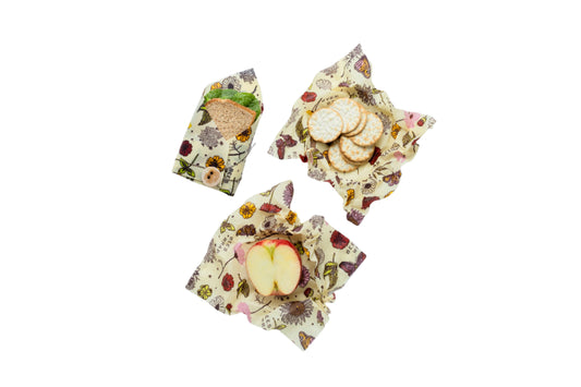 Vegan lunch pack in Meadow Magic print, holding food for lunch
